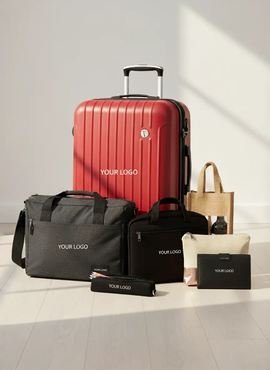Set di borse personalizzate business e da viaggio con trolley rosso, borse porta PC e pochette con logo aziendale