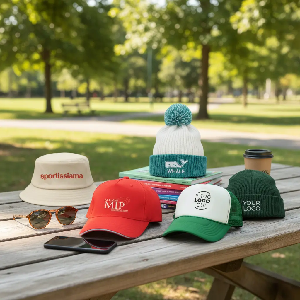 Cappellini promozionali e berretti personalizzati con logo esposti su tavolo da picnic in parco