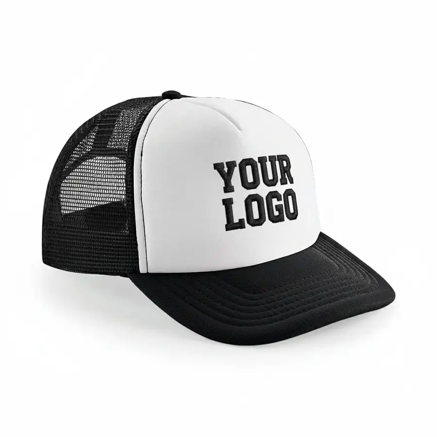 Cappellini personalizzati ricamo per aziende ed eventi promozionali 2026 Cappellino trucker personalizzato con ricamo del logo aziendale su pannello frontale bianco e rete posteriore nera