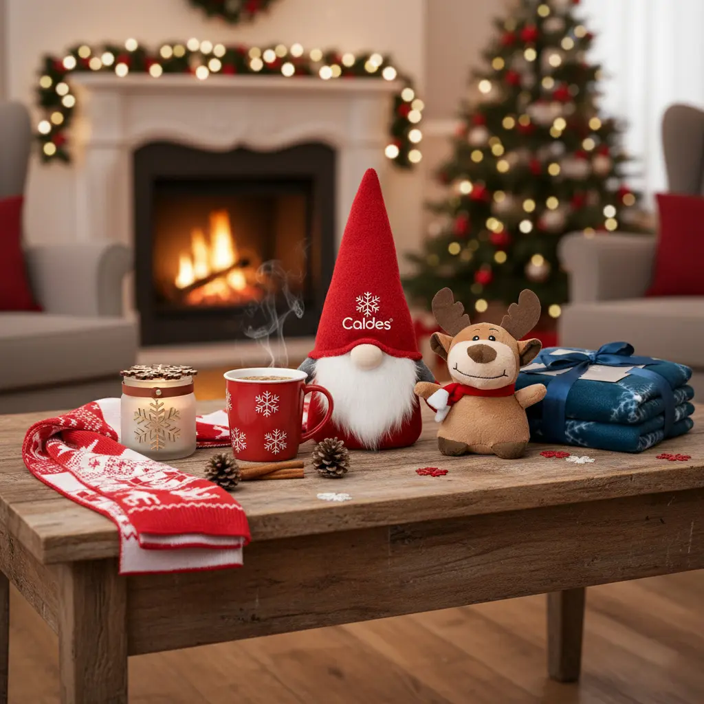 Set gadget di Natale personalizzati con tazza rossa, candela profumata e peluche renna davanti al camino