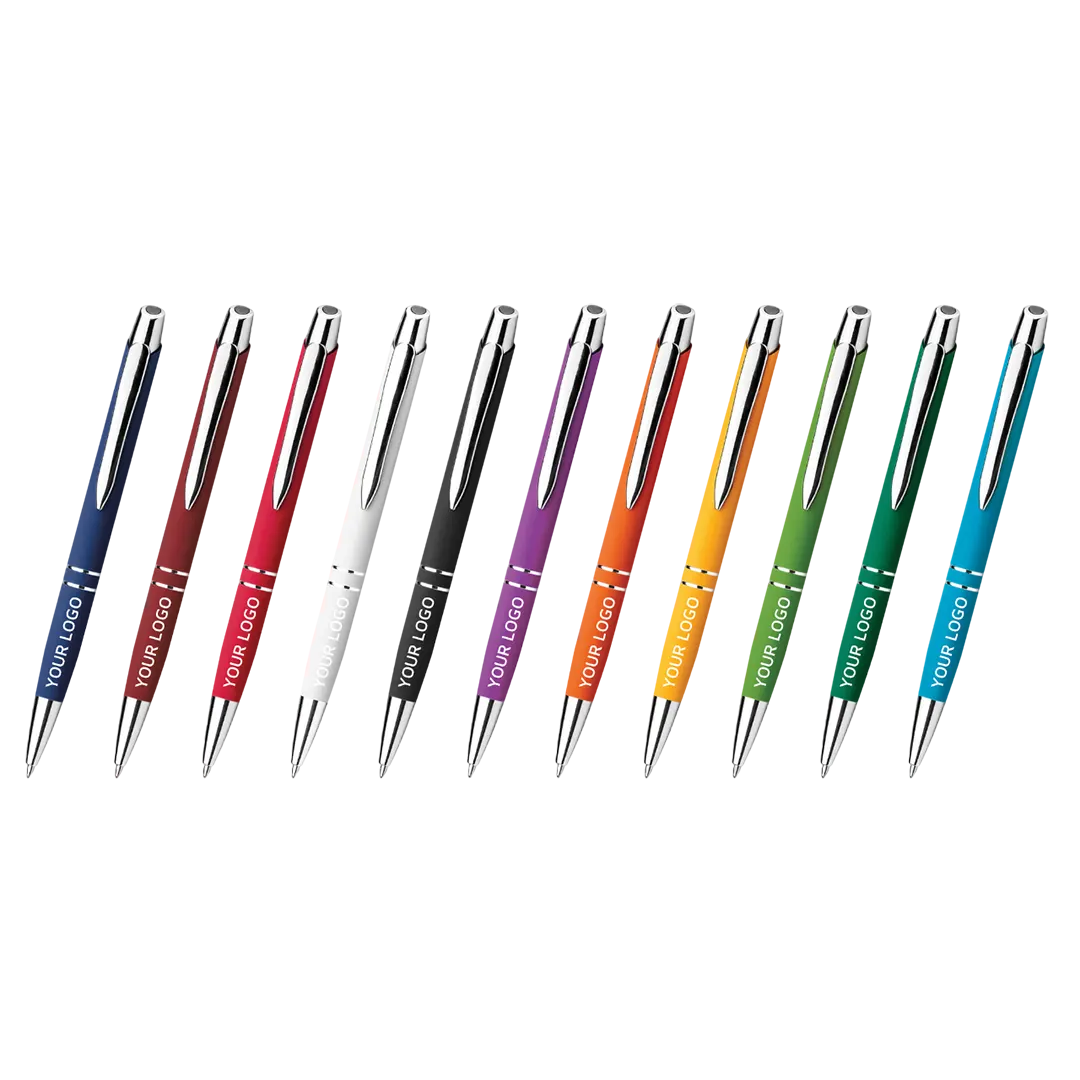 Penne personalizzate in alluminio gommato con logo, colori assortiti e meccanismo a scatto