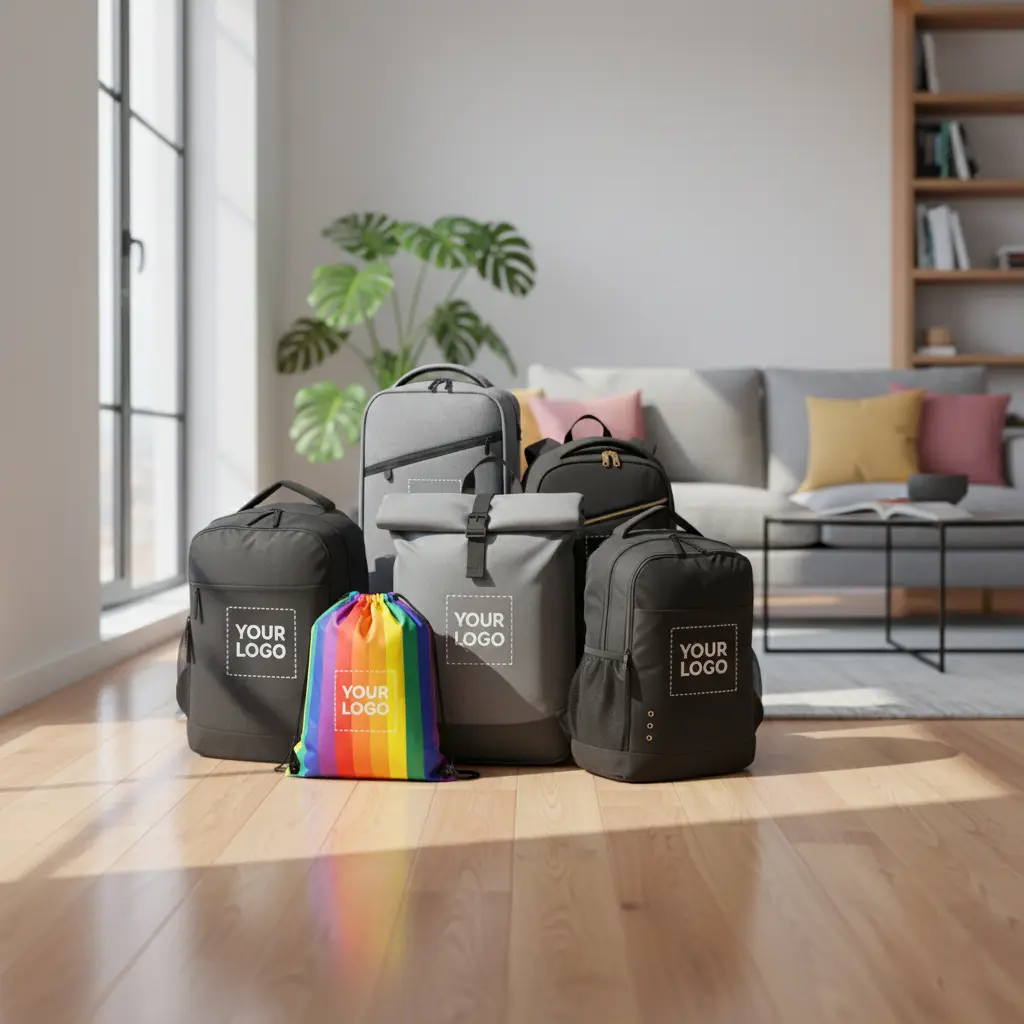 Set di zaini promozionali personalizzabili con logo: porta PC, rolltop, zainetti e coulisse colorati per aziende ed eventi