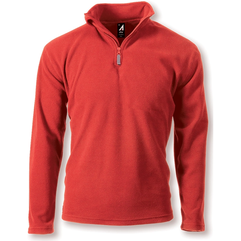 Pile personalizzata in micropile rosso con zip corta e colletto lupetto, ideale per lavoro e promozione invernale