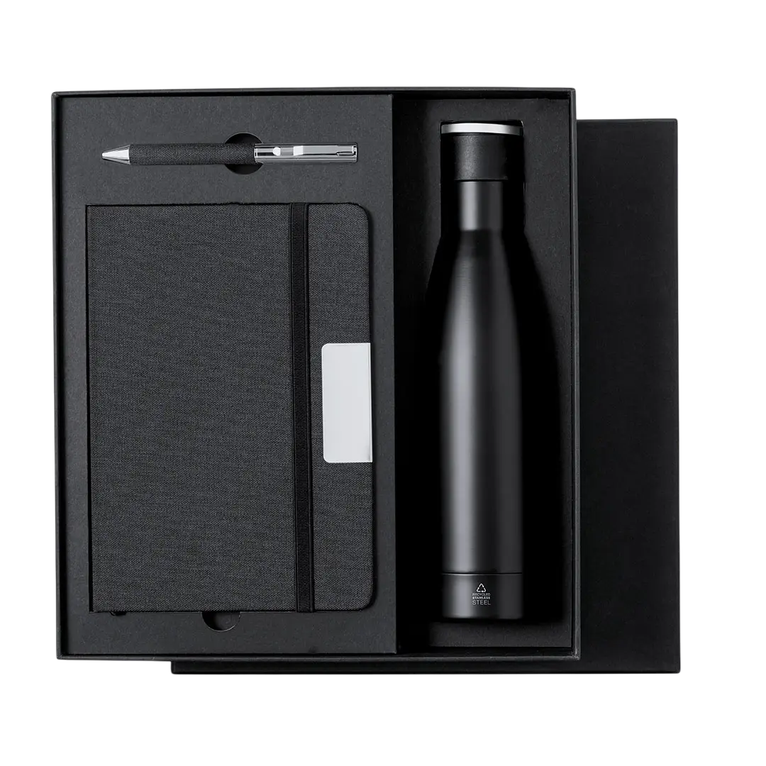 Set regalo aziendale di Natale con thermos nero opaco, block notes e penna ecosostenibile in confezione elegante – idea perfetta per regali natalizi aziendali originali e sostenibili