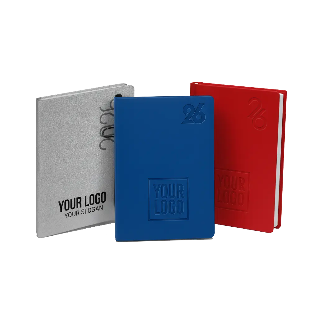 Agende personalizzate 2026 in diversi colori con logo aziendale inciso e stampa dedicata, ideali per regali aziendali e strumenti di organizzazione