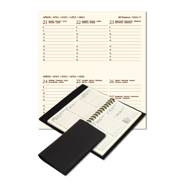 Agendina settimanale tascabile in pelle nera con vista interna su rilegatura a spirale