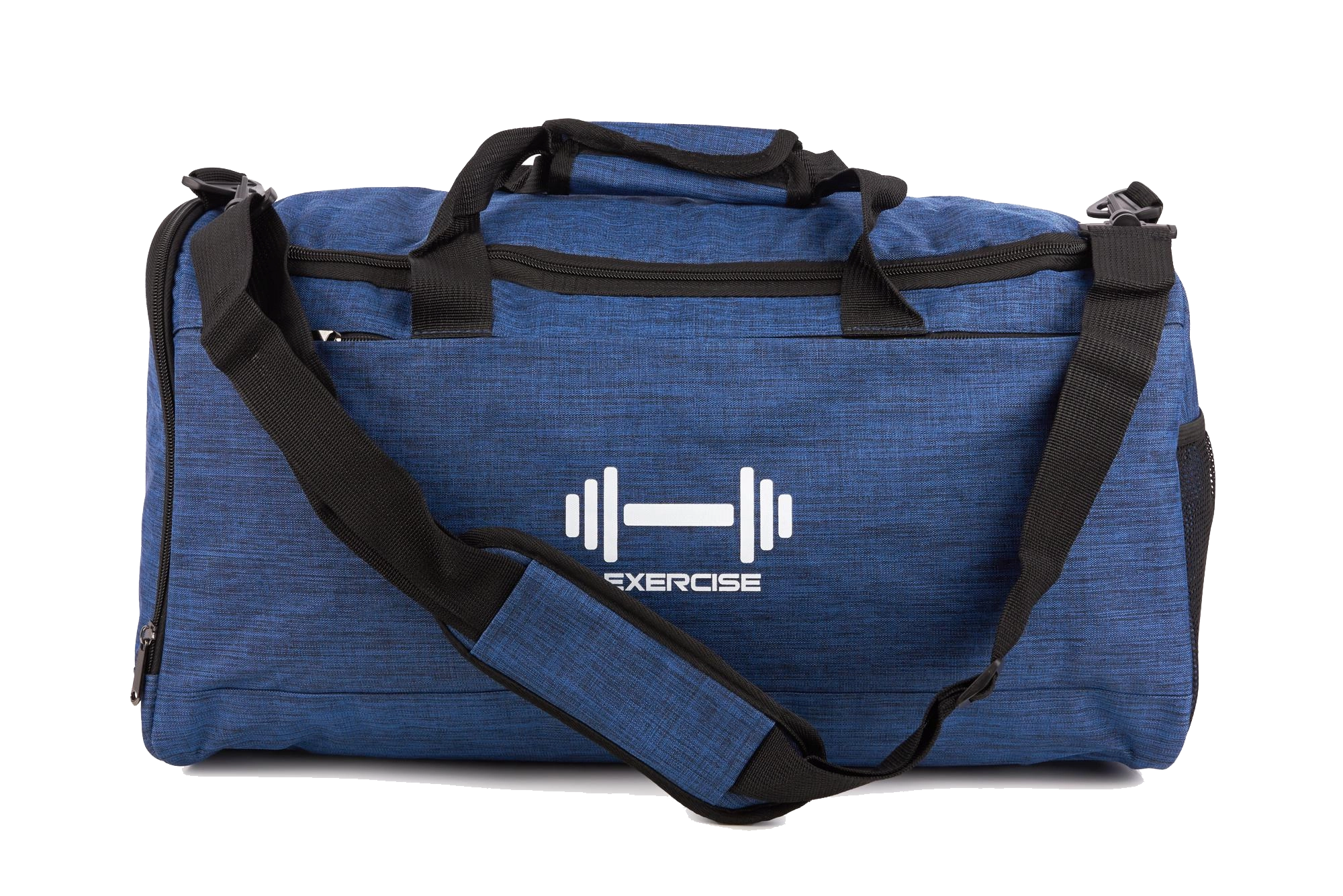 Borsone sportivo blu personalizzato con logo bianco e tracolla nera, ideale per palestre e promozione aziendale