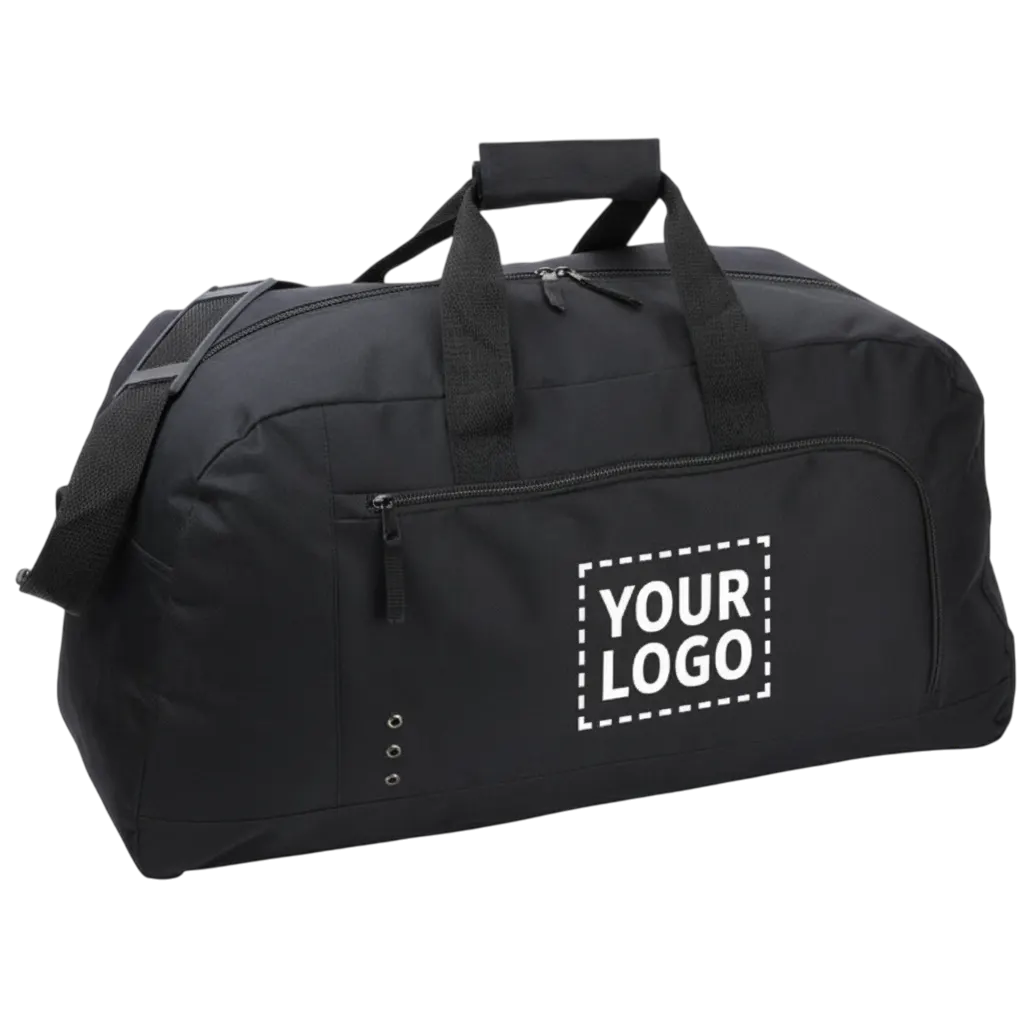 Borsone personalizzato nero con logo stampato Borsa da palestra personalizzata nera con tasca frontale zip, manici rinforzati, tracolla e area di stampa per il logo