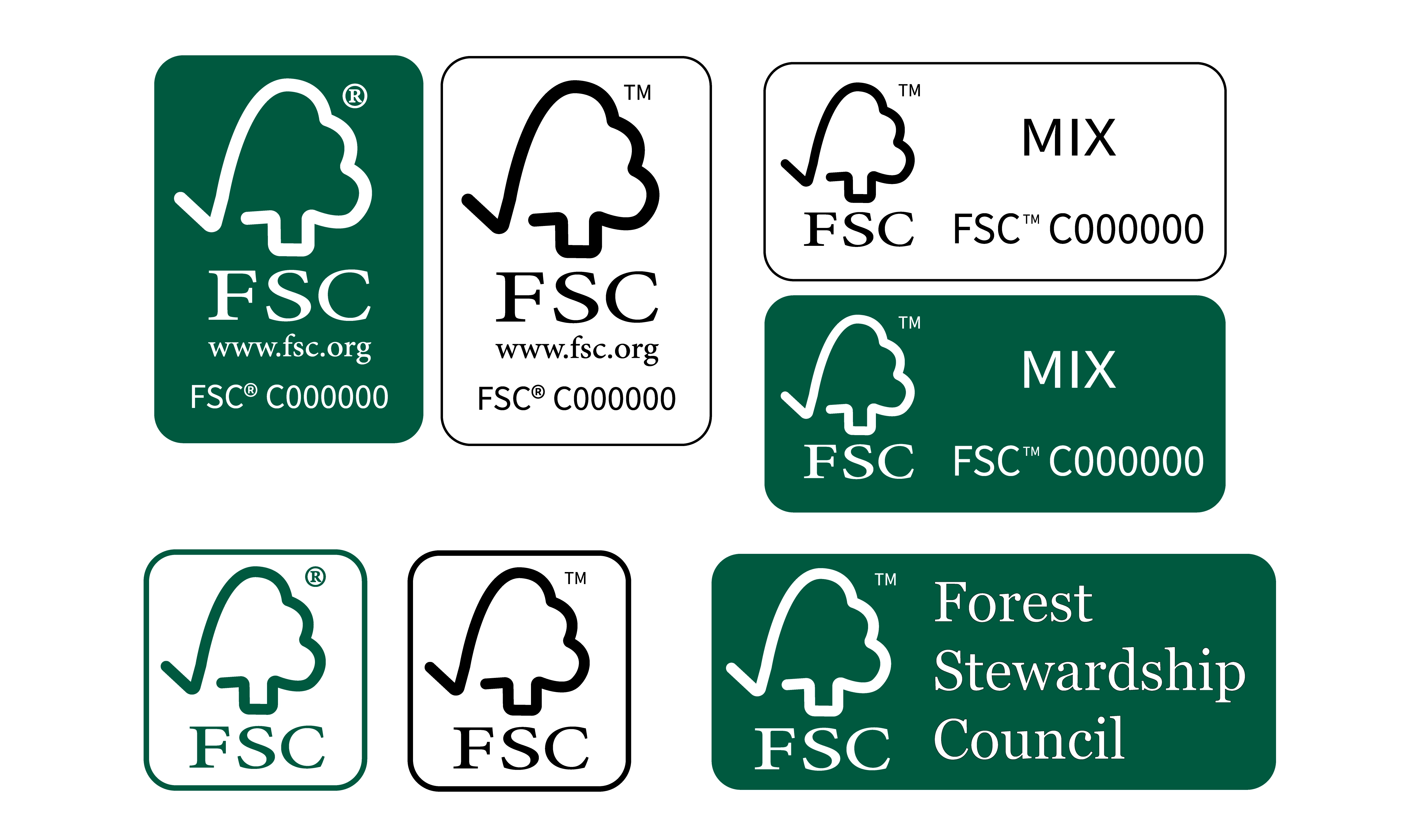Varianti del logo FSC per prodotti certificati e materiali sostenibili