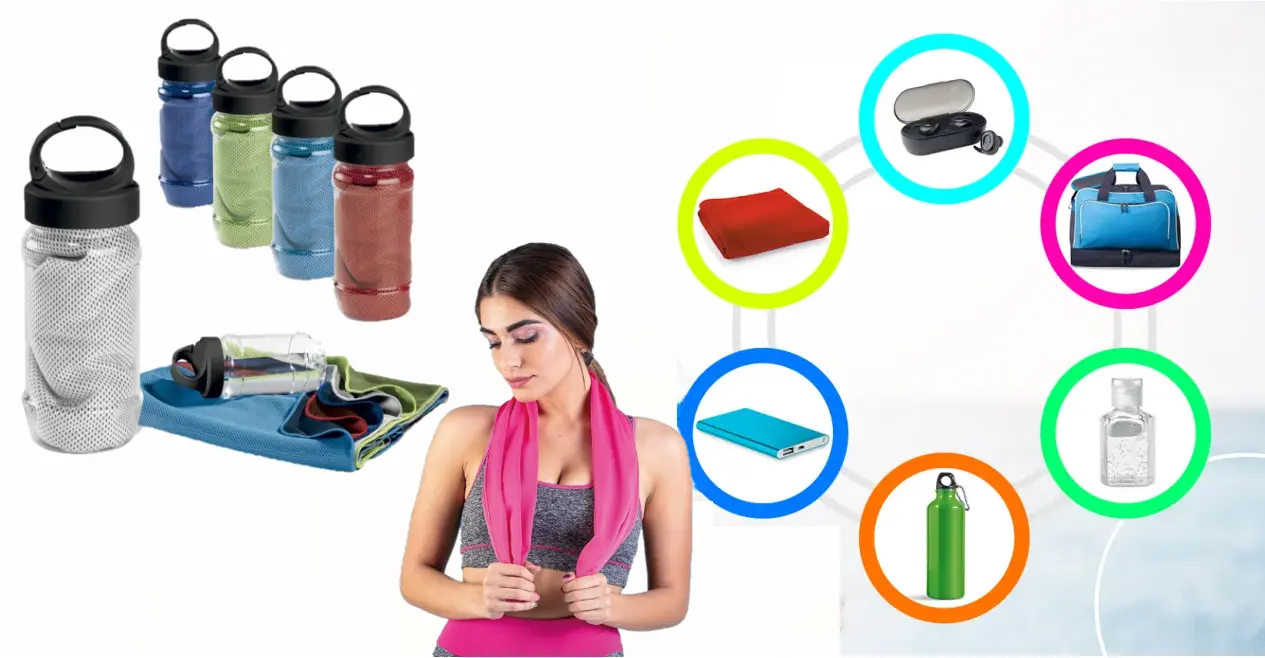 Set di gadget sportivi personalizzati: borracce, asciugamani in microfibra e accessori fitness