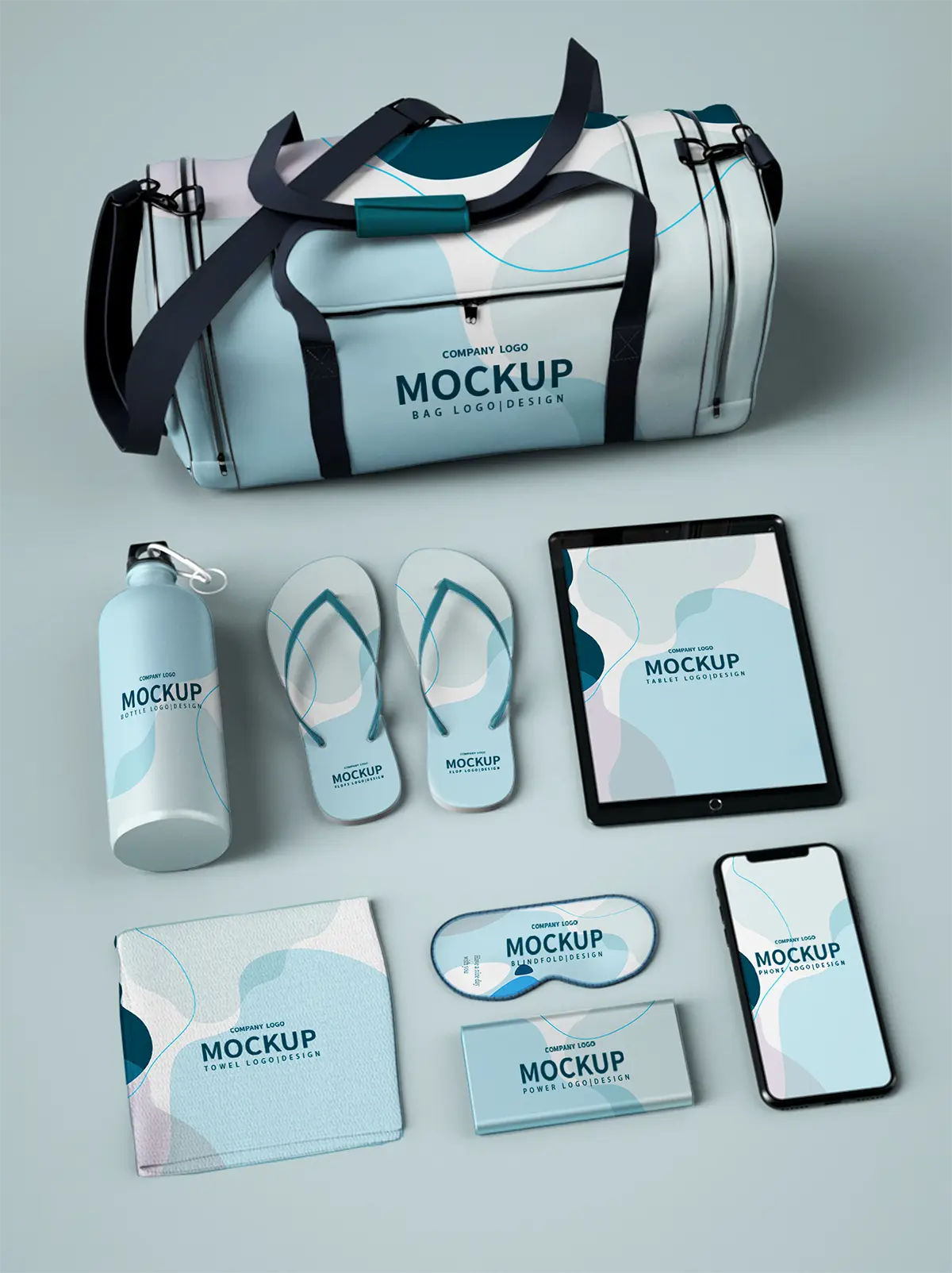 Set di gadget sportivi personalizzati con borsone, borraccia, asciugamano e accessori promozionali