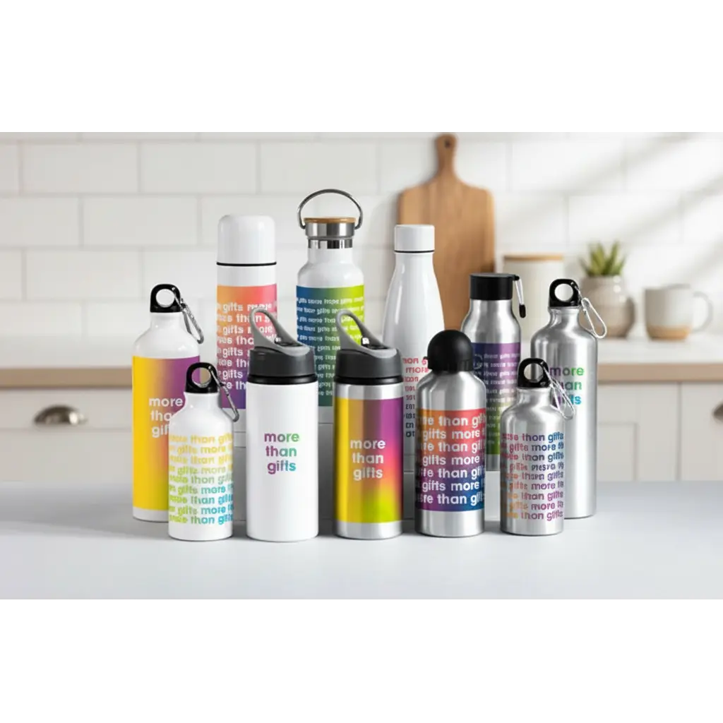 Collezione di borracce personalizzate in acciaio e alluminio con design colorati: gadget aziendali sostenibili e riutilizzabili