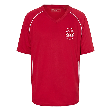 Maglia da calcio personalizzata rossa con logo sul petto: abbigliamento sportivo tecnico per squadre e club