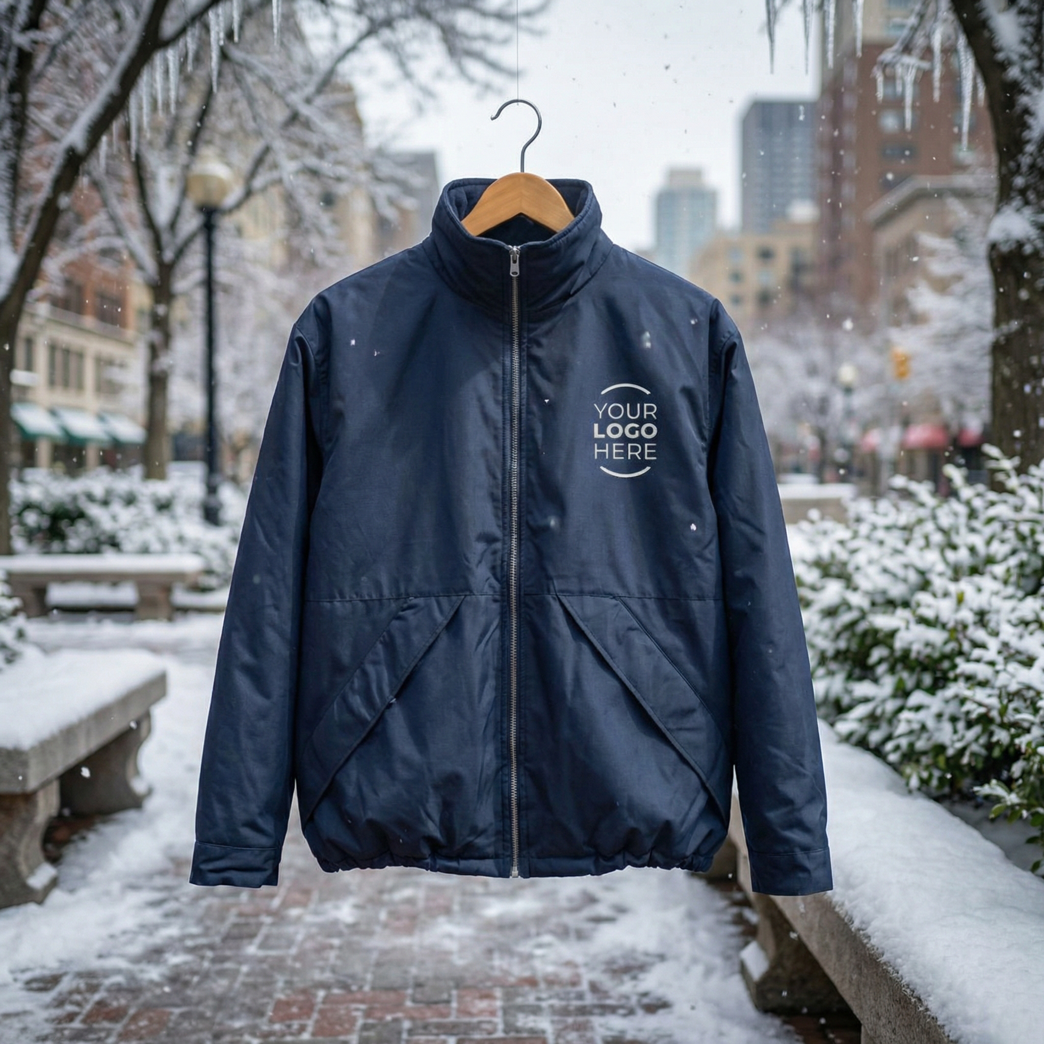 Giacca personalizzabile in nylon oxford blu con interno in pile, resistente all’acqua e adatta a contesti lavorativi e outdoor