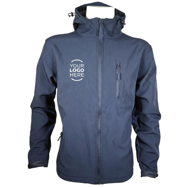 Giacca softshell personalizzabile con cappuccio, tasche con zip e tessuto tecnico antivento, ideale per lavoro e attività outdoor