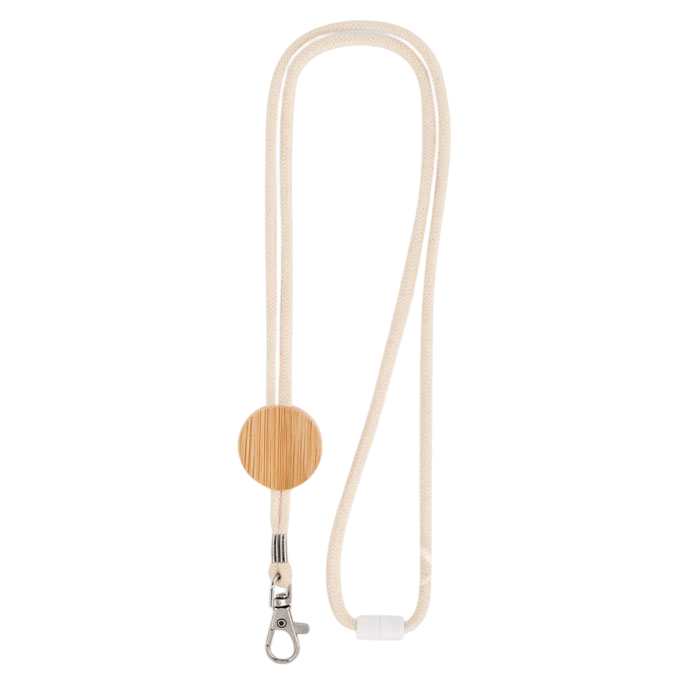 Lanyard personalizzabile in cotone resistente con elemento decorativo in bamboo e gancio in metallo, eco-friendly con chiusura di sicurezza