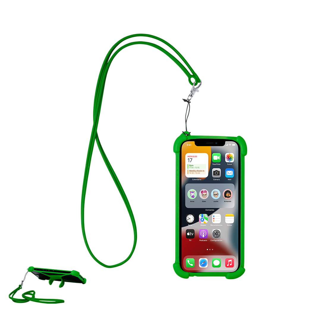 Lanyard personalizzato in silicone con supporto per cellulare rinforzato agli angoli, moschettone girevole in metallo e sostegno pieghevole integrato