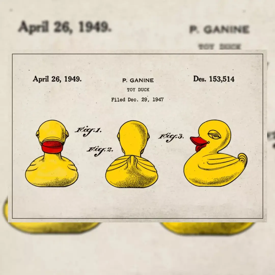 Disegno brevettuale della paperella di gomma di Peter Ganine del 1949, con vista frontale, retro e profilo