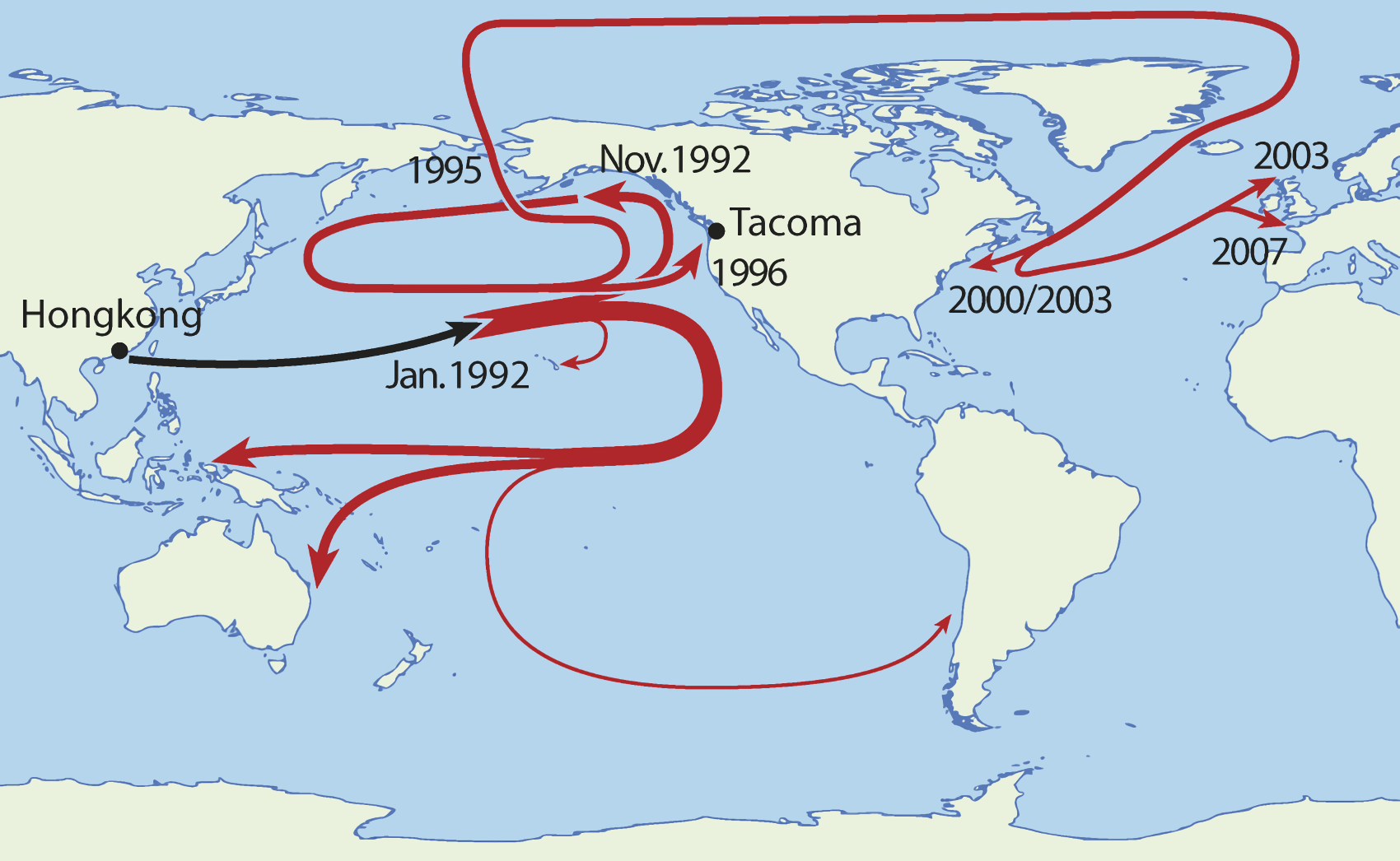 Mappa delle rotte oceaniche seguite dai Friendly Floatees, i giocattoli caduti nel Pacifico nel 1992