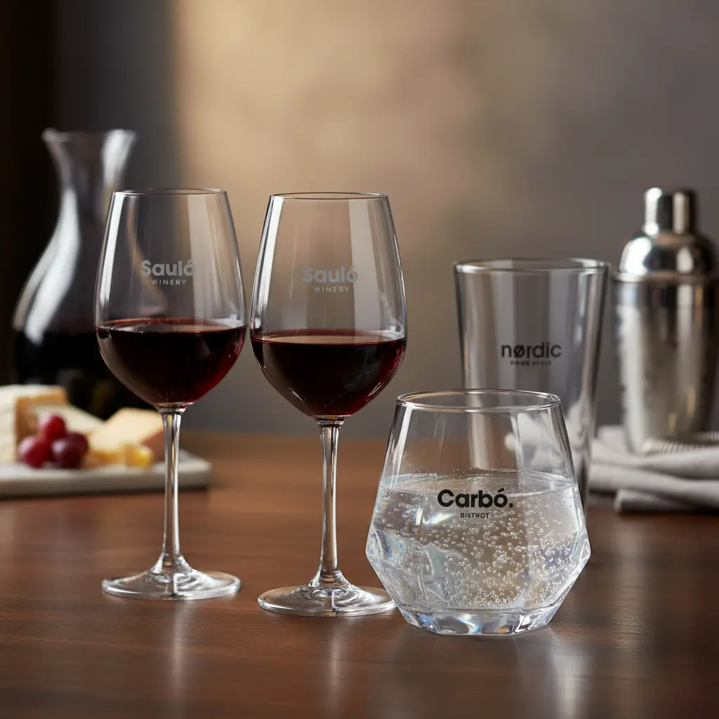 Bicchieri personalizzati con logo per ristoranti, bar e bistrot: calici da vino e tumbler brandizzati per un servizio elegante e riconoscibile