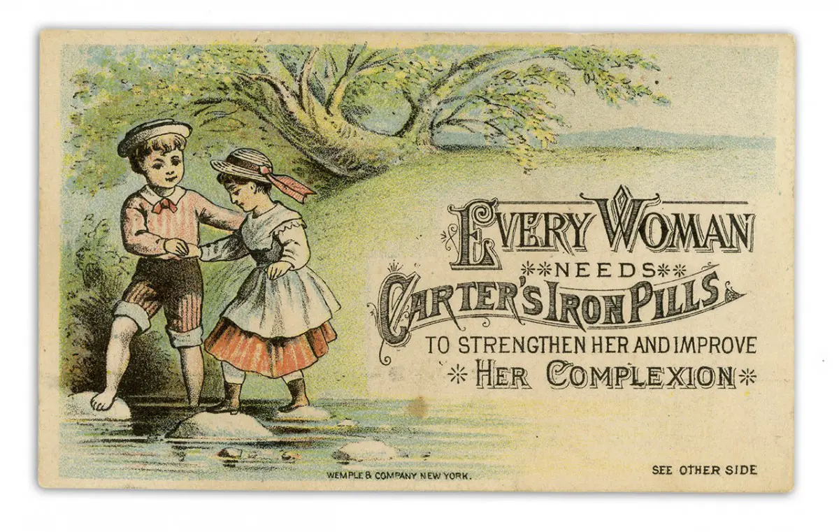 Illustrazione pubblicitaria ottocentesca di Carter’s Iron Pills con bambini e slogan promozionale