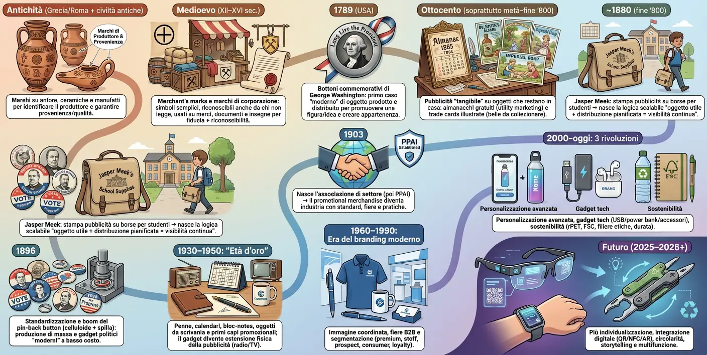 Infografica sull’evoluzione dei gadget promozionali: dalle anfore antiche al merchandising moderno, fino a personalizzazione, tech e sostenibilità