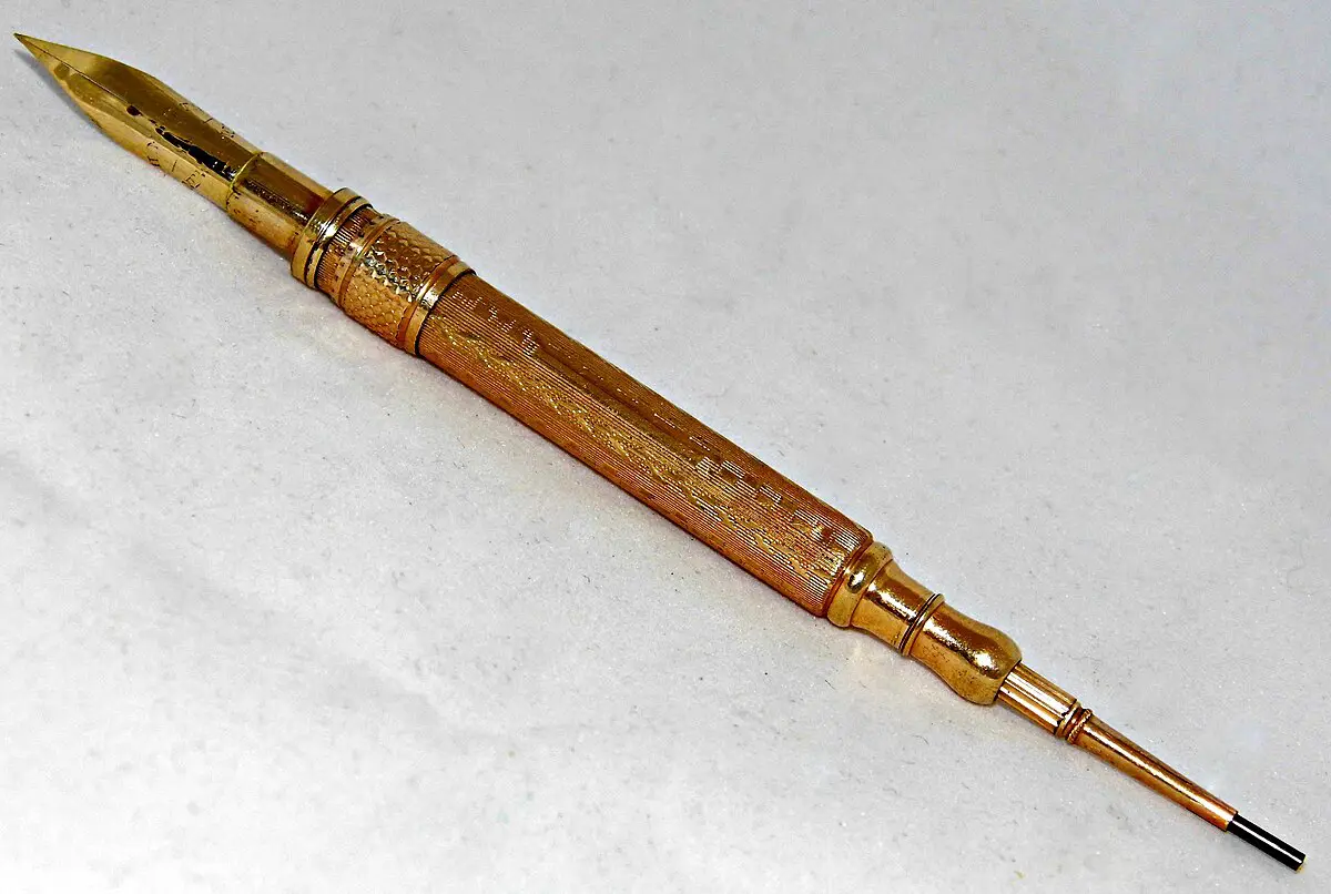 Penna a immersione vittoriana in ottone con combinazione di pennino metallico e matita meccanica