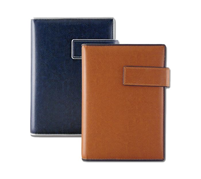 Due agende in similpelle, una marrone e una blu, ideali per personalizzazione con stampa a caldo
