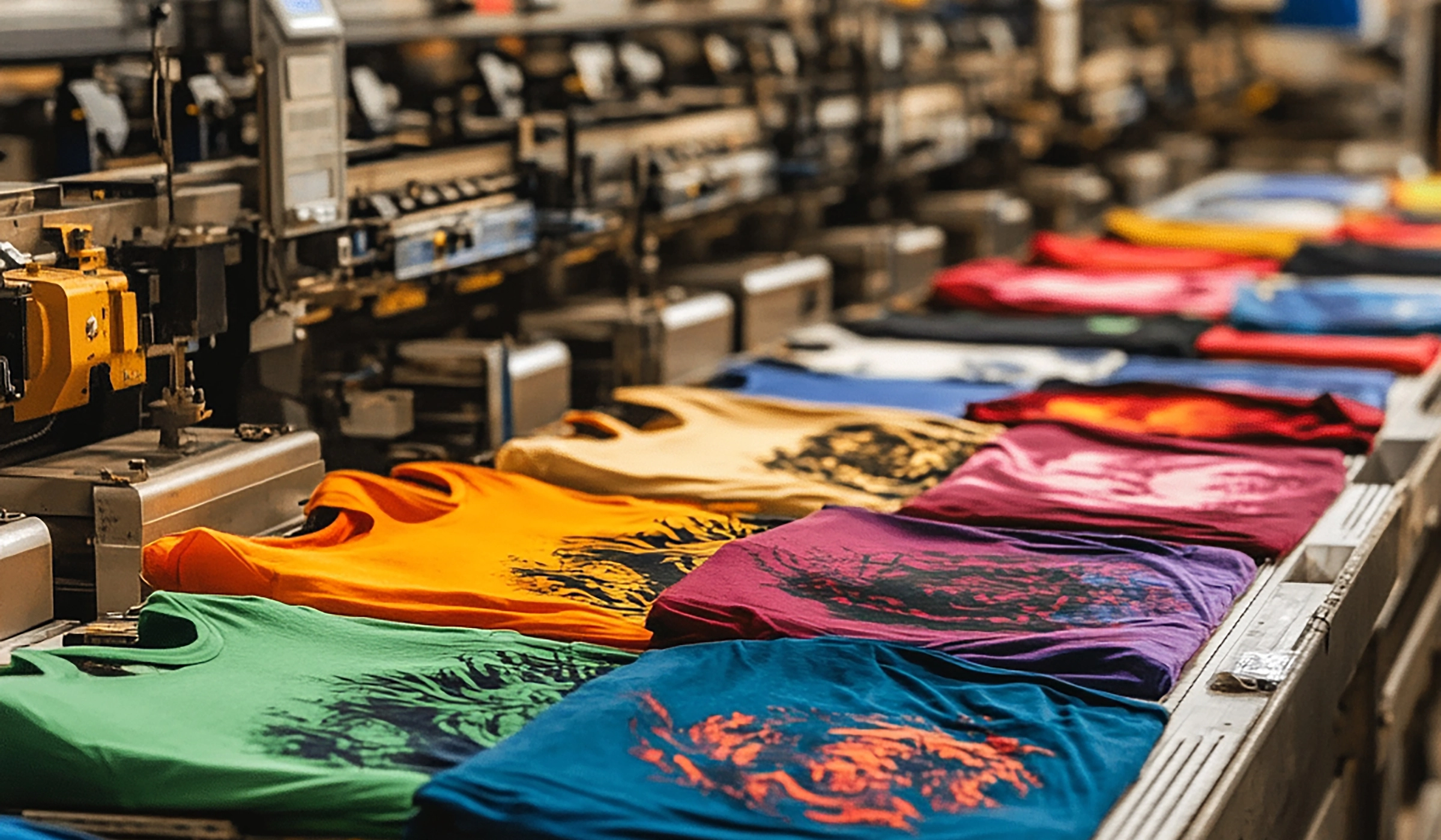 Linea di produzione con magliette colorate stampate tramite sublimazione tessile su larga scala