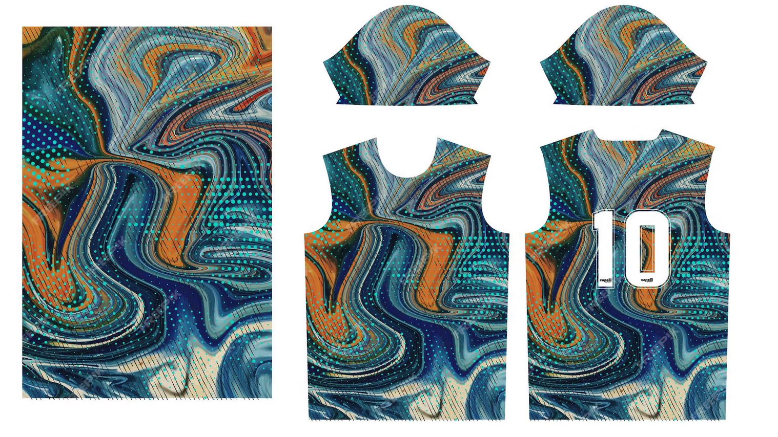 Progetto grafico per canotta sportiva realizzato con tecnica di stampa sublimatica all-over su tessuto poliestere