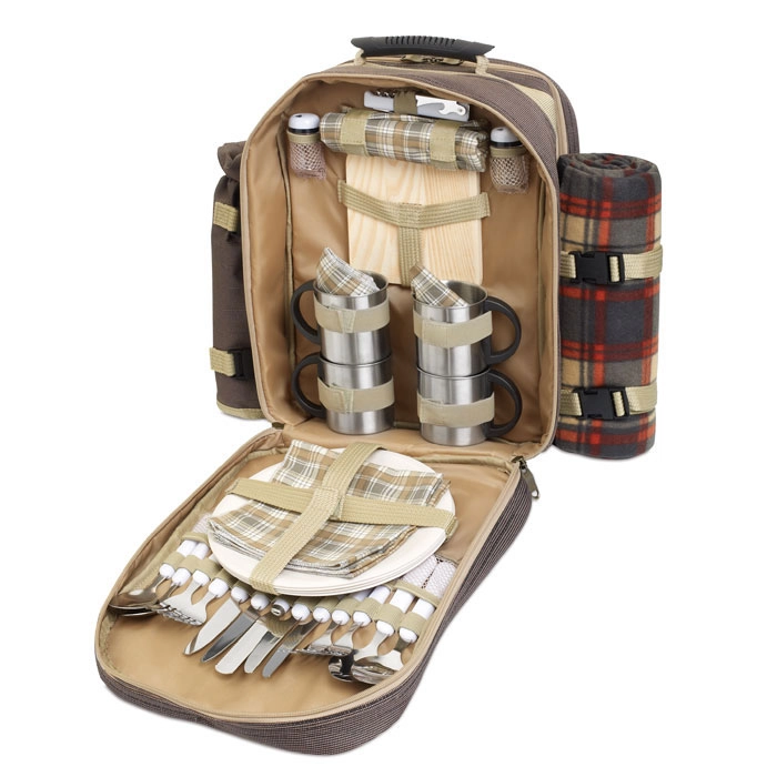 Zaino picnic personalizzato per 4 persone con plaid, accessori e tasca frontale