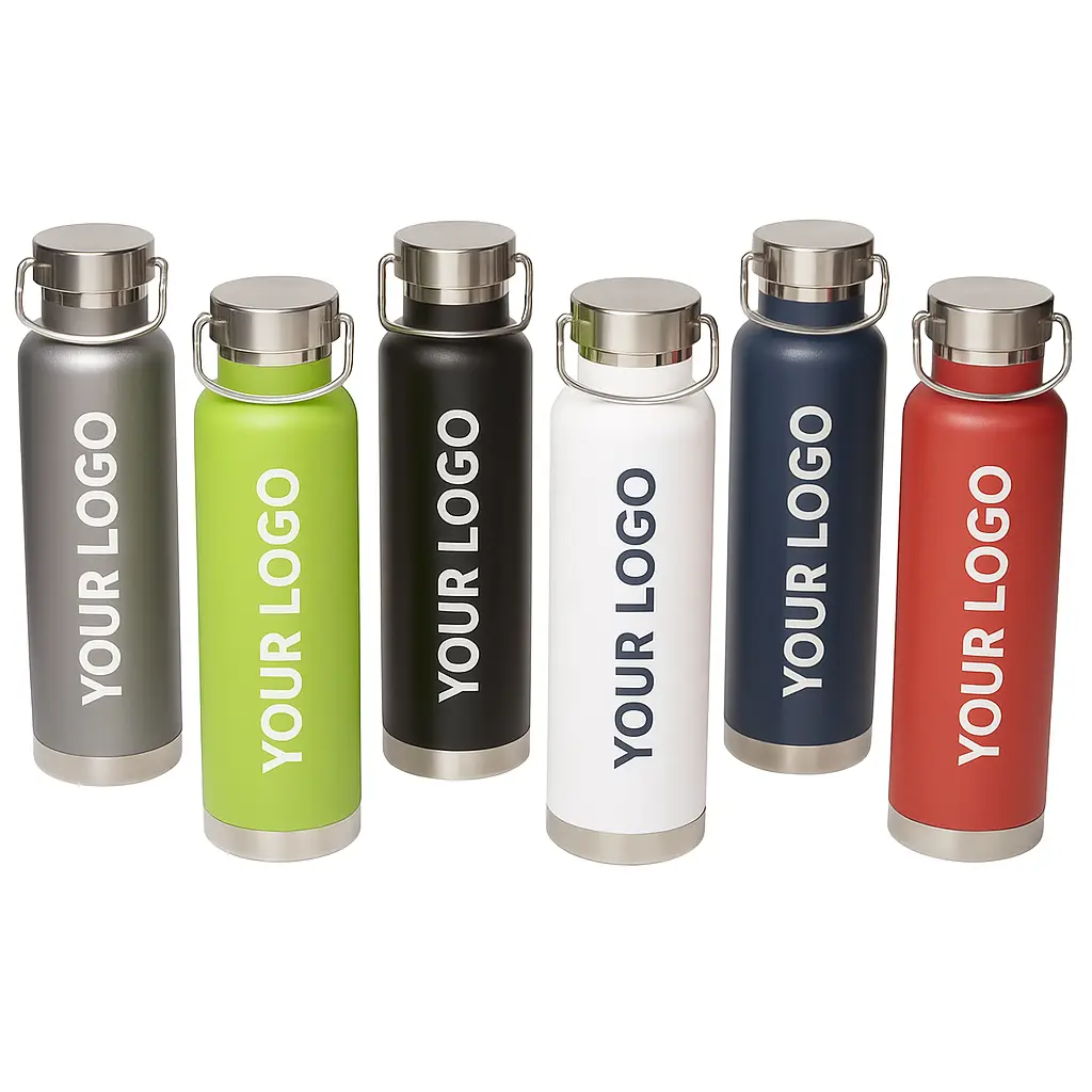 Borracce in acciaio inox personalizzate in vari colori con stampa logo verticale