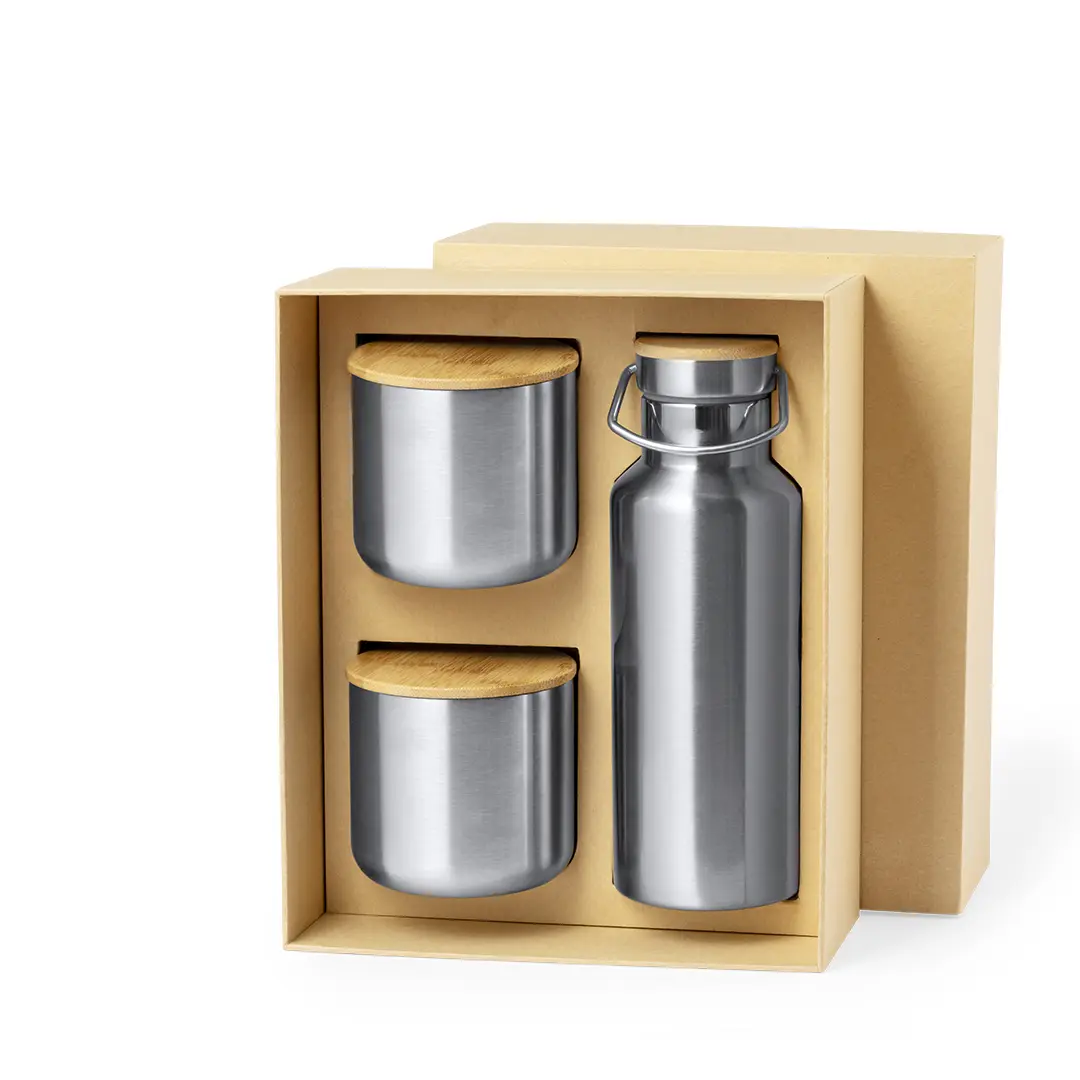 Set borraccia termica in acciaio inox con bicchieri in bambù: eleganza e sostenibilità Set regalo con borraccia termica e due bicchieri in acciaio e bambù