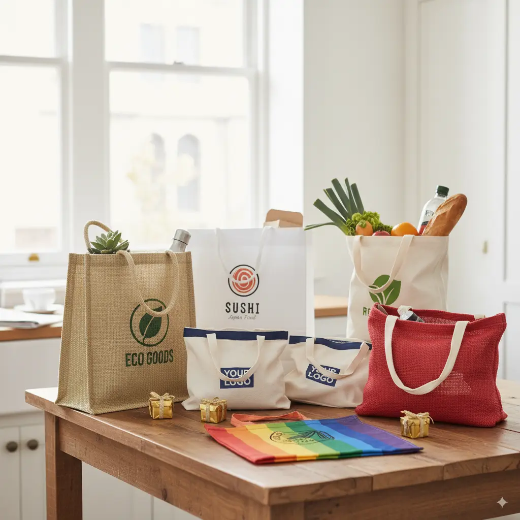 Shopping bag personalizzate economiche e resistenti: buste spesa e tote bag per branding Shopper personalizzate in cotone, juta e TNT con logo stampato per eventi e promozioni aziendali
