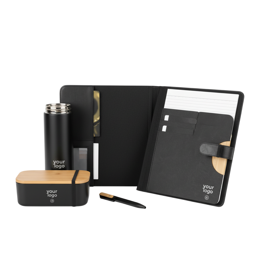 Gadget da ufficio personalizzati in set regalo con logo Set regalo con gadget per ufficio personalizzati: borraccia, penna, portablocchi e taccuino con logo aziendale