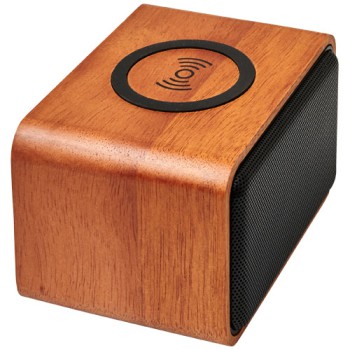 Gadget per smartphone personalizzato con logo - Altoparlante Wooden con base di ricarica wireless