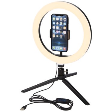 Gadget per smartphone personalizzato con logo - Anello luminoso con supporto per telefono e treppiede Studio