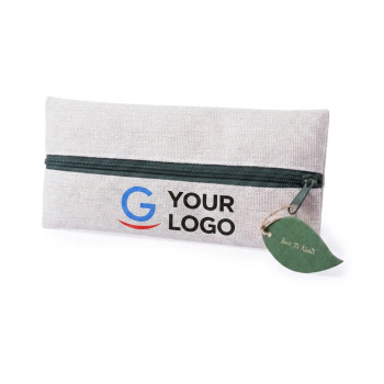 astuccio personalizzato con logo - Astuccio personalizzabile in juta e cotone con chiusura a zip e impugnatura foglia