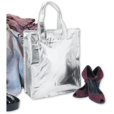 Borsa laminata personalizzabile argentata con chiusura a zip e manici robusti