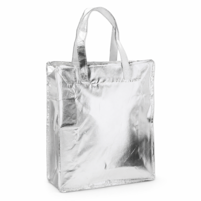 Borsa laminata personalizzabile argentata con chiusura a zip e manici robusti