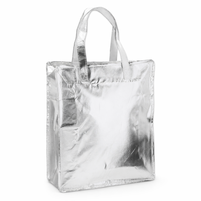 Shopper in TNT personalizzata con logo - Borsa laminata personalizzabile argentata con chiusura a zip e manici robusti