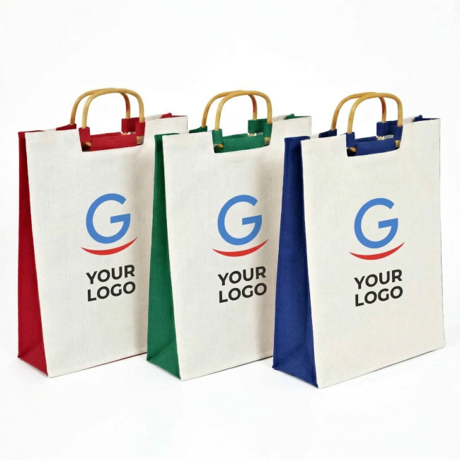 Shopper personalizzate con logo - Borsa personalizzabile con manici in legno cotone 100% interno plastificato