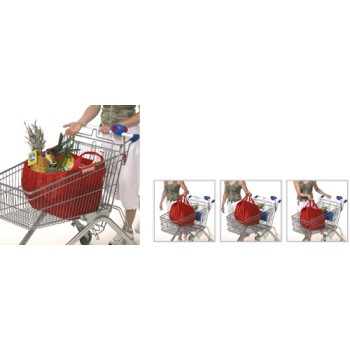 Borsa shopping con ganci in plastica per fissaggio al carrello spesa corredata di custodia in nylon.
