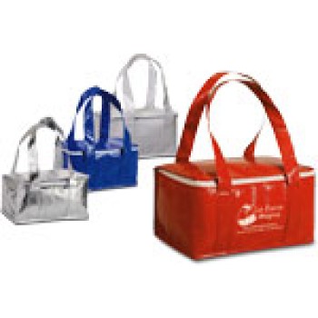 Borsa termica personalizzata con logo - Borsa termica  formato medio, in tnt laminato effetto lucido, chiusura con zip e doppi manici. Confezione in polybag.