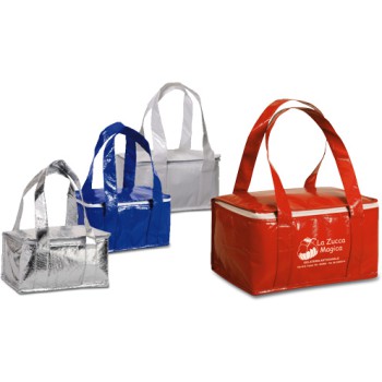 Borsa termica personalizzata con logo - Borsa termica  formato medio, in tnt laminato effetto lucido, chiusura con zip e doppi manici. Confezione in polybag.