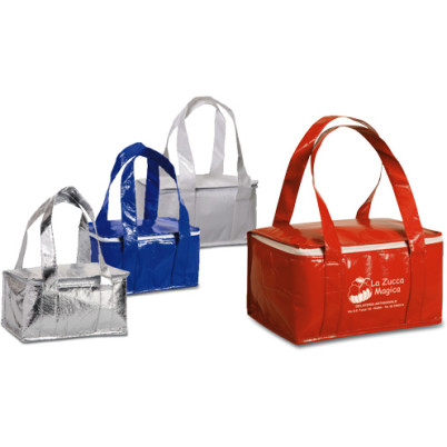 Borsa termica  formato medio, in tnt laminato effetto lucido, chiusura con zip e doppi manici. Confezione in polybag.