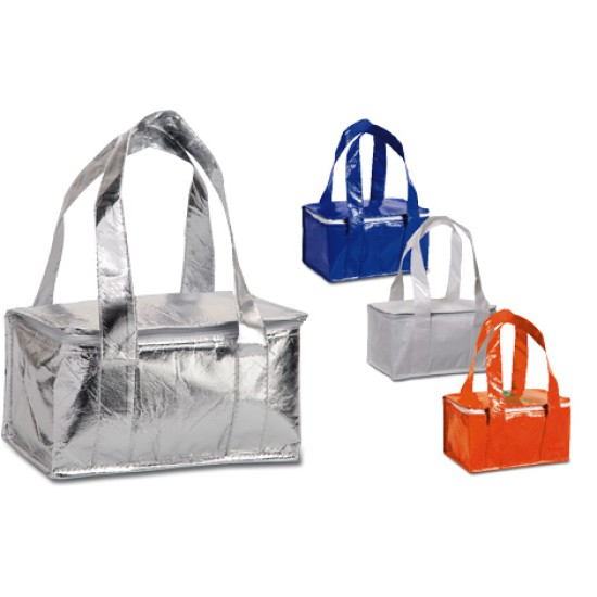 Borsa termica  formato mini, in tnt laminato effetto lucido, chiusura con zip e doppi manici. Confezione in polybag.