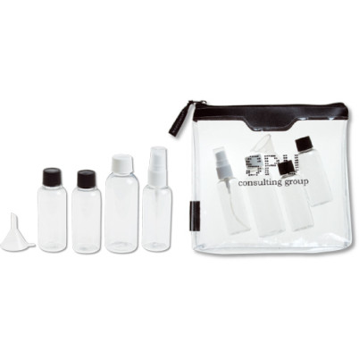 Borsa toilette approvata per viaggi in aereo. Include 2 bottiglie da 50 ml, 1 da 90 ml, 1 vaporizzatore e imbuto.