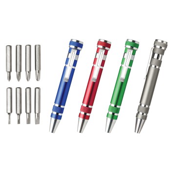 cacciaviti personalizzati con logo aziendale - Cacciavite tascabile con 4 punte piatte e 4 punte a stella intercambiabili.
