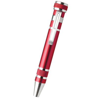 Cacciavite tascabile con 4 punte piatte e 4 punte a stella intercambiabili.